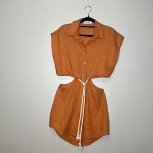 Hevron Orange Linen Cut Out Dress with drawstring